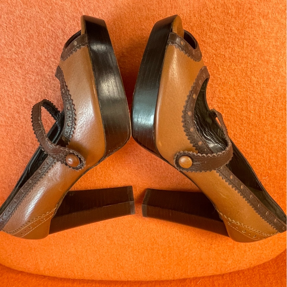 Juicy Couture Tan Leather Mary Jane Platform Y2K Block Heels VTG 90s Italy 6.5. - Picture 7 of 11